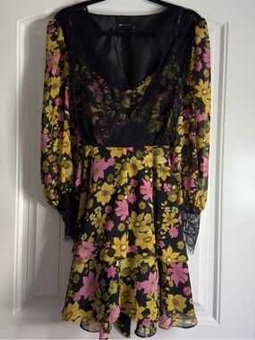 ASOS Floral Lace Trim Mini Dress Long Sleeve Size 10